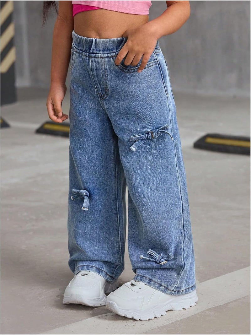 WDIRARA Girls' Bow Decor High Waisted Jeans Straight Leg Elastic Casual Denim Long Pants - Image 4